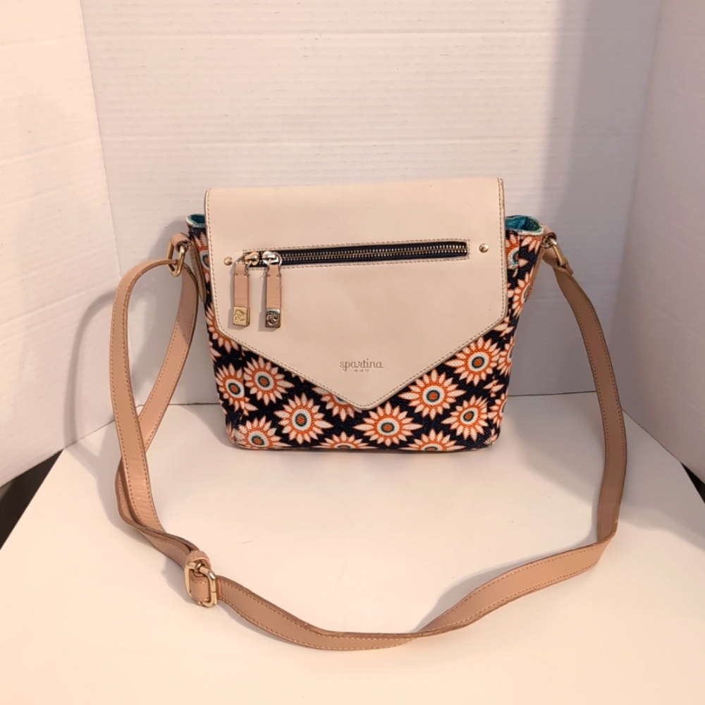 Spartina 449 Dauguskie Island Leather And Linen‎ Floral Turquoise Crossbody Bag